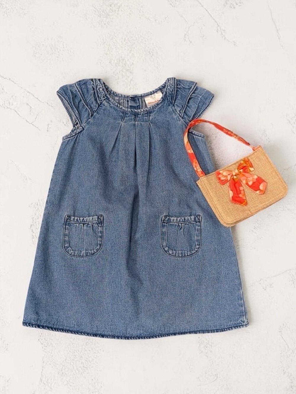 Hannah Andersson Girls Blue Denim Pocket Dress & Bow Handbag Set US 4